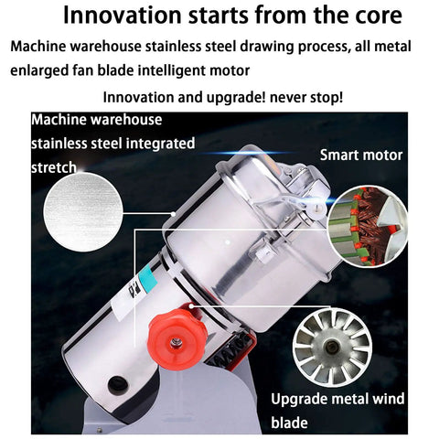Close-up view of 700G High Speed Electric Spice and Grain Grinder Mill showcasing stainless steel construction and motor details
