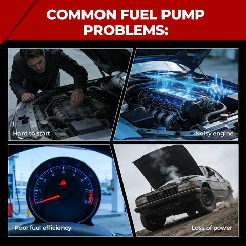 Collage showing common fuel pump problems: hard to start, noisy engine, poor fuel efficiency, loss of power.