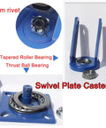 Heavy Duty Industrial Casters With Brakes Solid Rubber Wheels Ball Bearings Smooth Silent Roll Four Pack, close-up of swivel plate caster components.