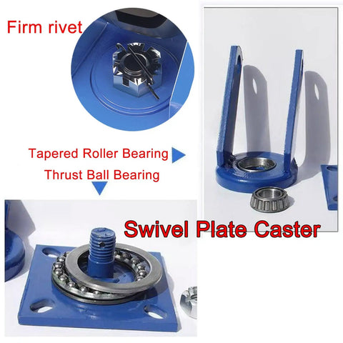 Heavy Duty Industrial Casters With Brakes Solid Rubber Wheels Ball Bearings Smooth Silent Roll Four Pack, close-up of swivel plate caster components.