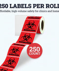 Straight Up Reliable 2X2 Biohazard Stickers 250 Pack No Sweat Coated Paper showing red safety labels on a roll for labs and hospitals.