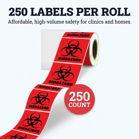 Straight Up Reliable 2X2 Biohazard Stickers 250 Pack No Sweat Coated Paper showing red safety labels on a roll for labs and hospitals.