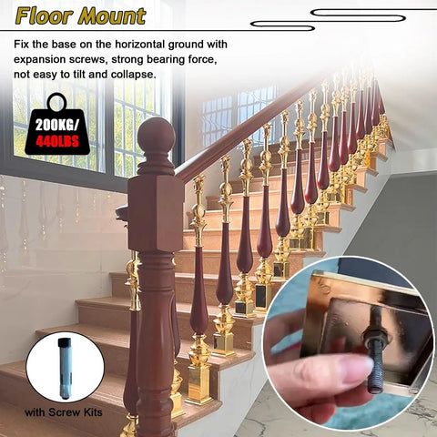 Premium Aluminum Stair Baluster Spindle Kit Adjustable Angle Solid Floor Mount with screw kit, heavy duty, 440 lbs capacity.