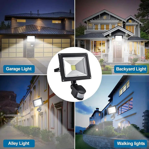 Bright 50W Motion Sensor LED Flood Light Plug In Outdoor Security Lamp No Fuss With 4500LM Output IP66 Waterproof Auto On Off 6500K Daylight US 3 Prong Plug For Garage Warehouse Billboard Stairs