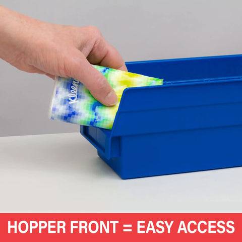 Hand placing item in blue Heavy Duty Plastic Shelf Bin with curved front for easy access, 12 by 4 by 4 inches, 24 pack