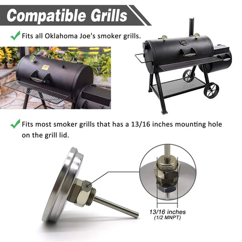 Three And One Eighth Inch Luminous BBQ Thermometer Gauge Replacement For Smokers And Grills shown with smoker compatibility