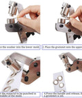 Step-by-step use of Grommet Tool Kit With Handheld Hole Punch Pliers including silver grommets and washer placement.