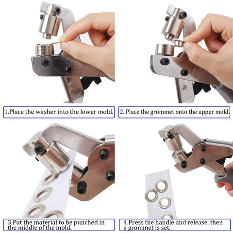 Step-by-step use of Grommet Tool Kit With Handheld Hole Punch Pliers including silver grommets and washer placement.