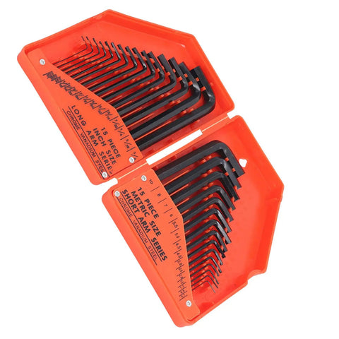 Top Tier 30 Piece Hex Wrench Set With Inch And Metric Combo For Heavy Duty Furniture Assembly Home Repairs And Pro Use High Strength 45 Steel Long Short Arm Tool Kit, orange case