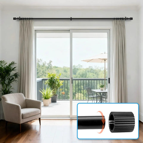 Adjustable Curtain Rod Set 1 Inch Diameter Black Metal For Windows From 16 To 92 Inches Or Up To 104 Inches Max With Cylindrical Finials Six Piece Construction For Easy Assembly In One Pack above sliding doors.