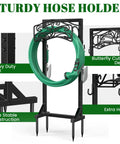 Freestanding Garden Hose Holder Stand With Heavy Duty Build, 2 Tool Hooks, holds 150 foot water hose, 4 spike stable base