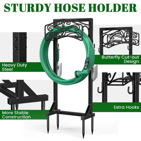 Freestanding Garden Hose Holder Stand With Heavy Duty Build, 2 Tool Hooks, holds 150 foot water hose, 4 spike stable base