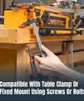 Person using 12 Inch Dovetail Jig With Templates, Router Bits, And Guide Bushing For Half Blind And Through Dovetails, Box Joints, And Dados, A Sweet Tool For DIY Woodworkers, Drawer Crafting, Small Boxes, And Everyday Projects, secured to workbench with clamp.