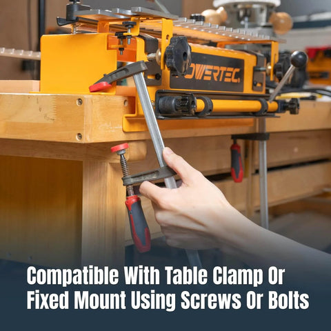 Person using 12 Inch Dovetail Jig With Templates, Router Bits, And Guide Bushing For Half Blind And Through Dovetails, Box Joints, And Dados, A Sweet Tool For DIY Woodworkers, Drawer Crafting, Small Boxes, And Everyday Projects, secured to workbench with clamp.