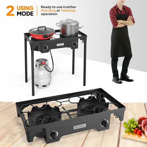 Two Burner Outdoor Propane Gas Stove With Adjustable Regulator 150,000 BTU High Pressure Stand Cooker For Backyard Cooking