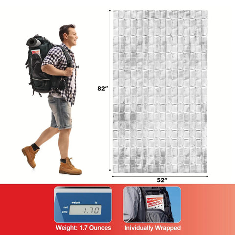 9 Pack Emergency Blankets For Outdoor Survival Gear showing Mylar blanket size 82 by 52 inches and weight 1.7 oz with hiker