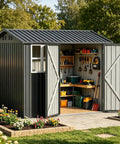Heavy Duty Metal Storage Shed With Window, Lockable Garden Toolhouse, Ventilated And Weather Resistant Backyard Utility Workshop For Outdoor Storage, Light Gray 8X6Ft fully opened, showing garden tools inside.
