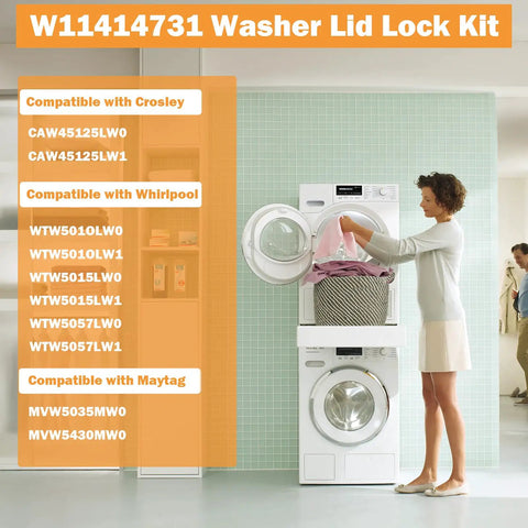 Washer Latch Assembly Replacement For Whirlpool Washers Lid Lock Switch Easy Install Drop In Fit Compatible With AP7002928 MVW5430MW0 WTW5010LW0 WTW5015LW0 WTW5057LW0 And Related Models. Laundry room image with washer lid lock kit