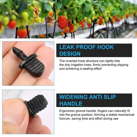 50 Pieces Drip Irrigation End Plugs One Fourth Inch Barbed Tubing End Caps Kit in use with strawberries and detailed view