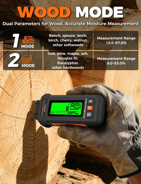 5 In 1 Moisture Meter For Wood And Building Materials With Three-Color Alert, Five Detection Modes, High-Precision Probe Built For DIYers In Woodworking, Construction, Mold Prevention And More held on wood
