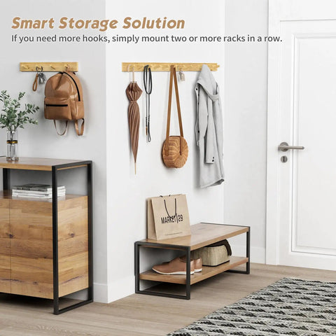 Natural Wood Wall Coat Rack Set Of 4 Wall Mount Hooks for towels, hats, keys, and shoes in entryway space-saving organizer
