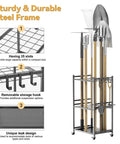 Diagram of Beefy 35-Slot Steel Garden Tool Organizer with Rolling Wheels and Adjustable Feet, showcasing steel frame and hooks.