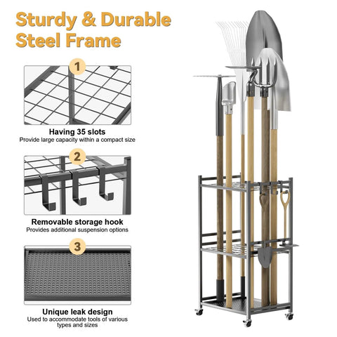Diagram of Beefy 35-Slot Steel Garden Tool Organizer with Rolling Wheels and Adjustable Feet, showcasing steel frame and hooks.