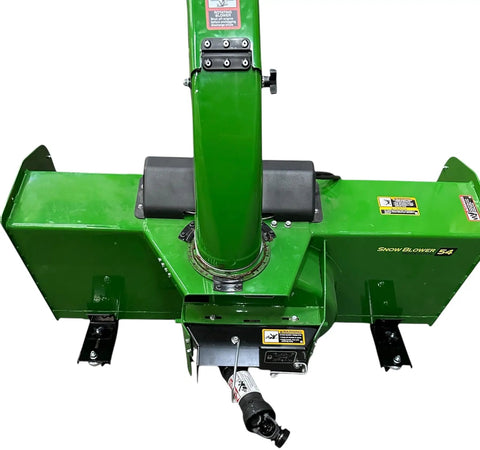 54 inch snow blower attachment lifted on heavy-duty dolly, green surface, designed for easy storage and movement, fits X700 series.
