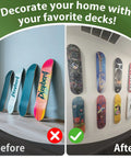 Comparison of skateboard storage with Sick Six Pack Aluminum Skateboard Wall Mount Hangers in use vs. on the floor.
