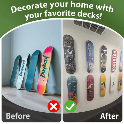 Comparison of skateboard storage with Sick Six Pack Aluminum Skateboard Wall Mount Hangers in use vs. on the floor.