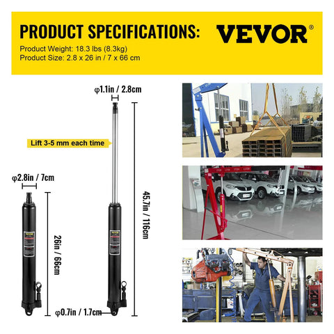 Two VEVOR hydraulic long ram jacks with clevis bases, black, 3-ton capacity; side/front diagrams and lift photos