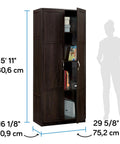 Tall Cinnamon Cherry Pantry Cabinet With Adjustable Shelves, 29.6 W By 16.0 D By 71.5 H, Space Saving Kitchen And Laundry Storage Organizer, Holds Bottles, Boxes, Cans, And Bins, Durable Wood Look with open door displaying storage.