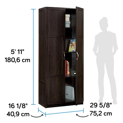 Tall Cinnamon Cherry Pantry Cabinet With Adjustable Shelves, 29.6 W By 16.0 D By 71.5 H, Space Saving Kitchen And Laundry Storage Organizer, Holds Bottles, Boxes, Cans, And Bins, Durable Wood Look with open door displaying storage.