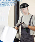 Built Tough Four Pack Safety Face Shield Kit With Rock Solid Impact Resistant Polycarbonate Visor And No Fuss Ratchet Headgear For Daily Grinding Tasks. Worker using a face shield while grinding.