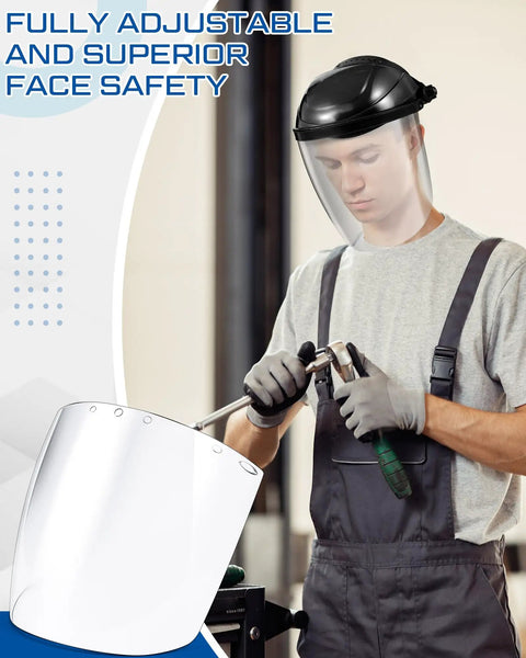 Built Tough Four Pack Safety Face Shield Kit With Rock Solid Impact Resistant Polycarbonate Visor And No Fuss Ratchet Headgear For Daily Grinding Tasks. Worker using a face shield while grinding.