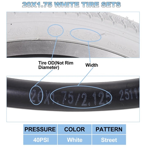 Two Pack 20x1.75 White Bike Tires And Tubes Set with size details, 47-406 compatible, showing pressure, color, and pattern.