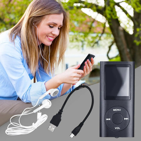 Compact Portable MP3 Player With 1.8 Inch LCD Display, earphones, and USB cable