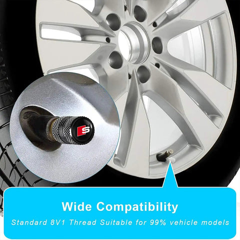 Close-up of Black Aluminum Tire Valve Stem Cap on Audi wheel, highlighting weatherproof O-ring seal and wide compatibility