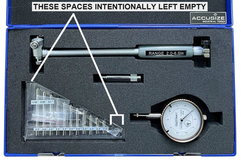 Accusize dial bore gauge set, 2–6 in range with 6 in stem, blue case, front view