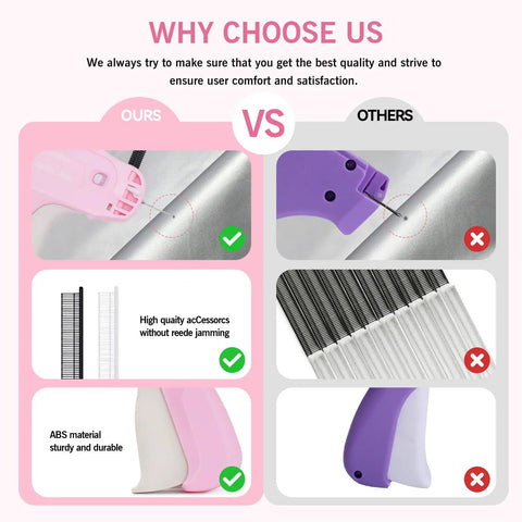 Comparison chart highlighting features of Clothing Repair Gun Kit With 5mm Mini Fasteners in black and white, pink handle.