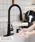Matte Black No Touch Kitchen Faucet With Pull Down Sprayer And LED Indicator, 360 Degree Swivel Spout, hands shown activating sensor