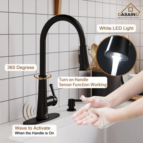 Matte Black No Touch Kitchen Faucet With Pull Down Sprayer And LED Indicator, 360 Degree Swivel Spout, hands shown activating sensor