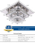 Modern Crystal Flush Mount Ceiling Light 11.8 Inch Square Mini Chandelier For Hallway Foyer Dining Room 6000K Cool White Chrome Finish Sparkling Crystals Easy Install Bright Slick Contemporary Glow with technical details and dimensions diagram.