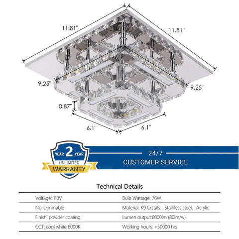 Modern Crystal Flush Mount Ceiling Light 11.8 Inch Square Mini Chandelier For Hallway Foyer Dining Room 6000K Cool White Chrome Finish Sparkling Crystals Easy Install Bright Slick Contemporary Glow with technical details and dimensions diagram.