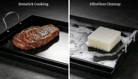 Grillin Ready 25 Inch By 16 Inch Cast Iron Griddle For Gas Grills With Nanoceramic Nonstick Coating, steak cooking and easy cleaning