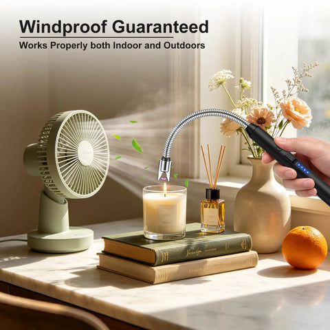 Lighting candle with 2 Pack USB C Rechargeable Candle Lighters With 360 Degree Flexible Neck And Safety Lock, fan nearby