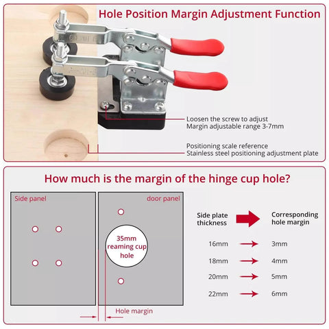 35mm Concealed Door Hinge Jig for Precise Cabinet Installations with Pro Grade Aluminum Frame and Adjustable Double Clamping Plates in use with measurement guide