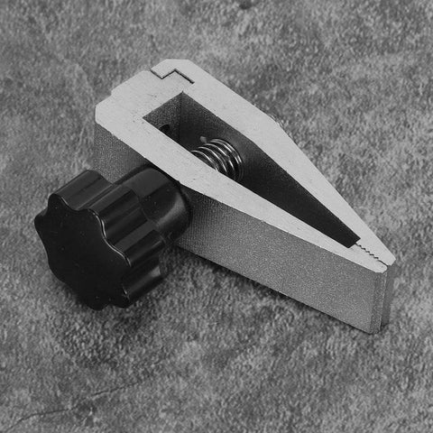 Side view of Push-Pull Force Fixture Clamp For Tensile Testing, 500N Stainless Steel High-Capacity Beefy Grip with adjustable knob.