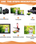 Image showing process steps with camera, computer, printer, and sublimation printer for 8x10 Sublimation Blanks Set, 15 Double Sided Canvas Pads For DIY Photo Projects, Halloween And Christmas Decor, High Quality 600D Oxford Fabric Sublimation Surfaces For Personalization And Gift Ready.