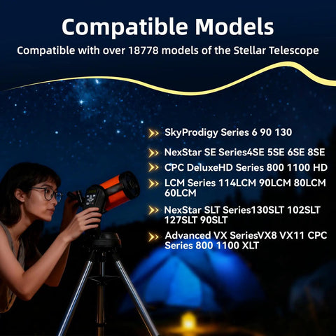 Woman using telescope under night sky with compatible models list, including 12V AC Power Adapter Charger For NexStar And LCM CPC Telescopes.